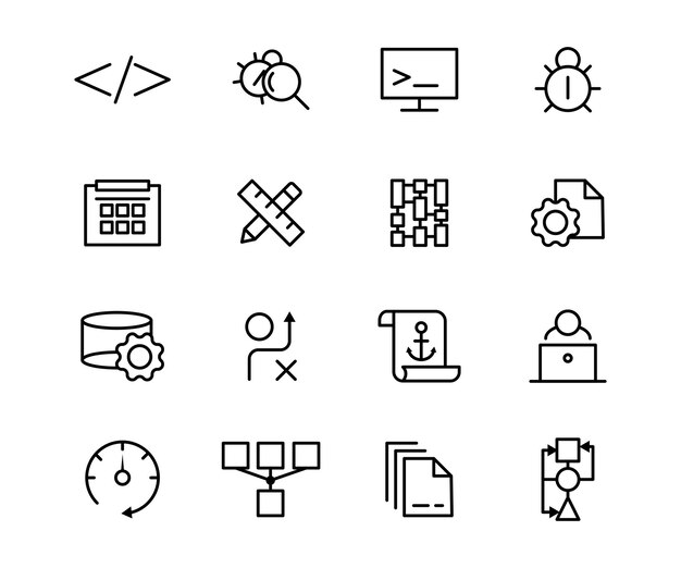 Vecteur jeu d'icônes de ligne vectorielle développement business technologie symbole de contour web