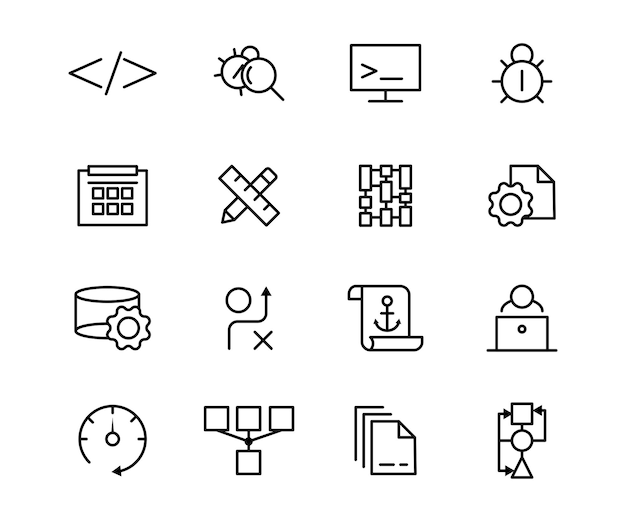 Vecteur jeu d'icônes de ligne vectorielle développement business technologie symbole de contour web