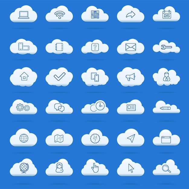 Jeu D'icônes Linéaires De Cloud Computing. Téléchargement, Téléchargement, Paramètres Et Symboles De Préférences. Icônes De Verrouillage, De Déverrouillage Et De Dossier. Icônes De Stockage De Données En Ligne. Dessins De Contour Isolés De Vecteur