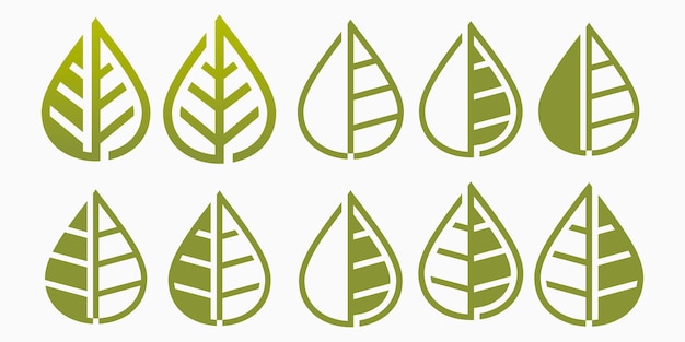 Jeu D'icônes De Logo De Goutte De Feuille. Illustration Vectorielle De Feuilles Minimalistes.