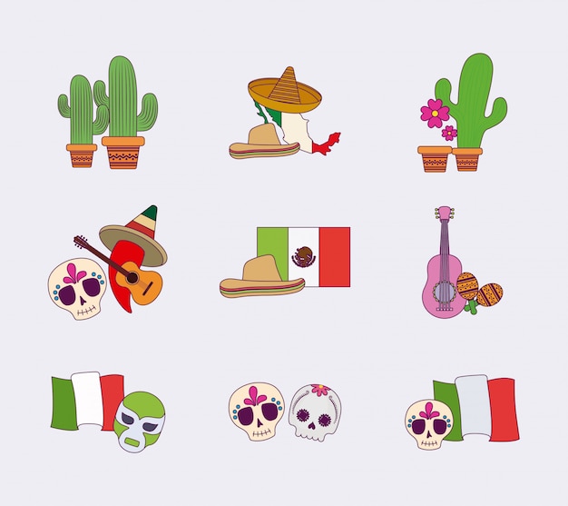 Jeu d'icônes mexicain coloré isolé