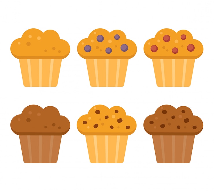 Vecteur jeu d'icônes de muffins, bleuets, canneberges, chocolat avec pépites de chocolat.