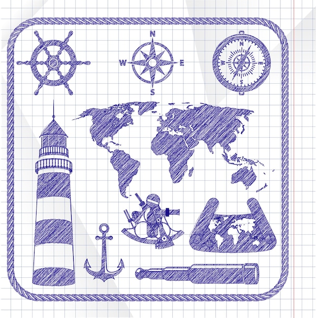 Jeu D'icônes De Navigation Esquissé à L'encre Bleue