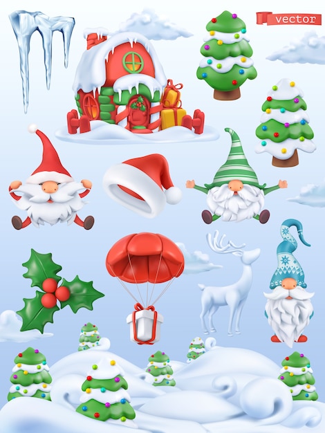 Jeu D'icônes De Noël Dessin Animé 3d Vector. Père Noël, Bonnet De Noel, Nains, Arbre, Cadeau, Glaçon, Houx, Maison En Pain D'épice