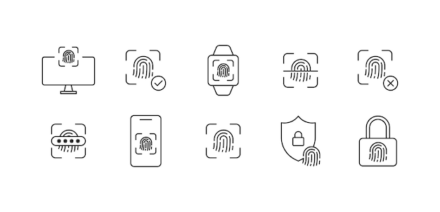 Vecteur jeu d'icônes de numérisation icônes de fine ligne de reconnaissance d'empreintes digitales symbole de mot de passe de sécurité d'identification tactile identification de document vecteur eps 10