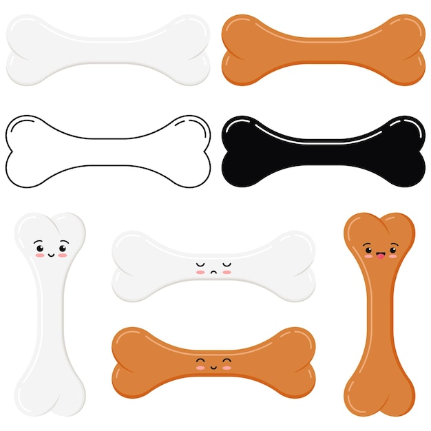 Vecteur jeu d'icônes d'os de chien design plat isolé sur fond blanc. signe de nourriture pour chien illustration vectorielle blanc, comestible, jouet, personnage mignon de style kawaii de dessin animé. conception de ligne de logo pour les animaux de compagnie.