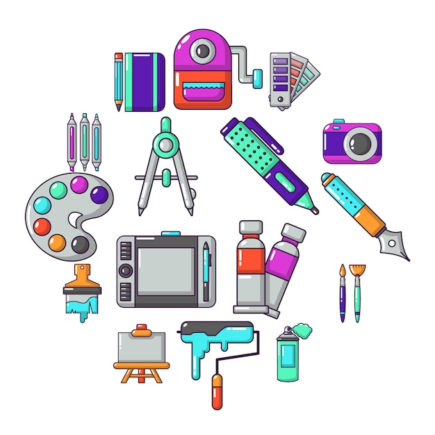 Vecteur jeu d'icônes d'outils de conception et de dessin, style cartoon