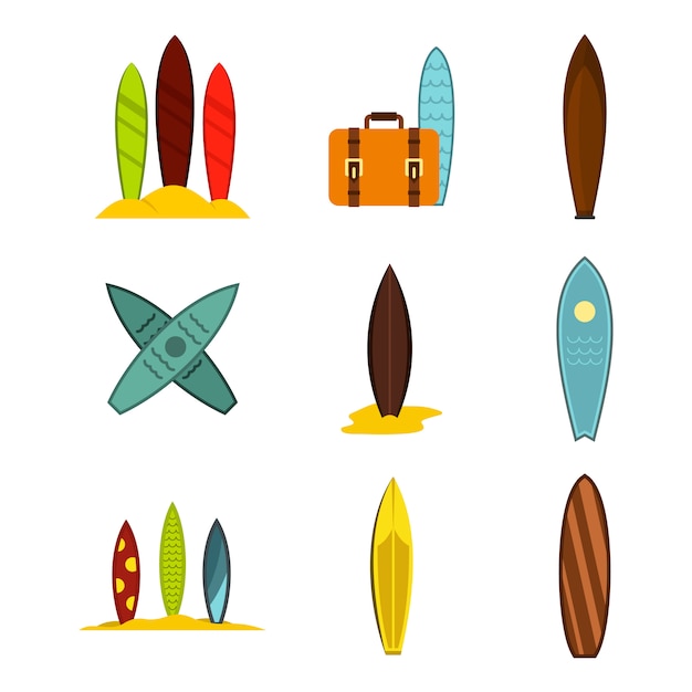 Jeu d&#39;icônes de planche de surf. Ensemble plat de collection d&#39;icônes vectorielles surf board isolée
