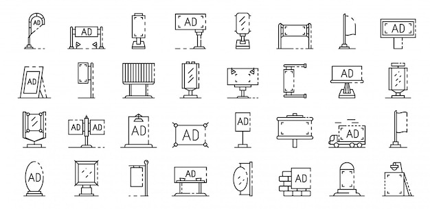 Vecteur jeu d'icônes de publicité extérieure. ensemble de contour des icônes vectorielles de la publicité extérieure