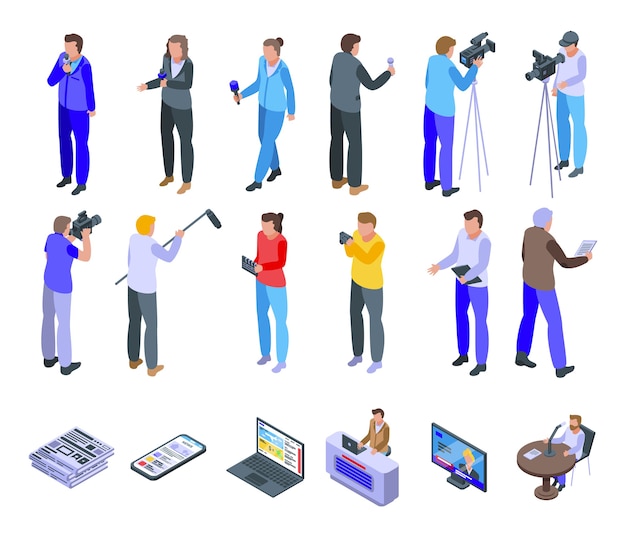 Jeu d'icônes de reportage. Ensemble isométrique d'icônes de reportage pour le web isolé sur fond blanc