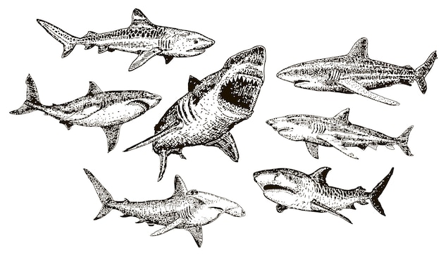 Jeu D'icônes De Requin D'encre Dessinés à La Main