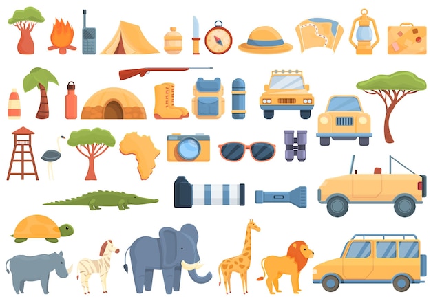 Jeu D'icônes De Safari En Jeep. Ensemble De Dessins Animés D'icônes Vectorielles Jeep Safari Pour La Conception De Sites Web