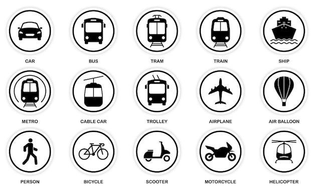 Vecteur jeu d'icônes de silhouette de transport. symbole de glyphe de station de transport en public. chemin de fer, moto