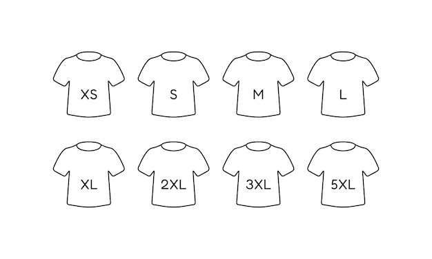 Jeu d'icônes de taille de t-shirt. Étiquette de taille de vêtements ou symbole de signe d'étiquette De XS à 5XL