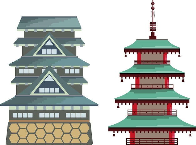 Vecteur jeu d'icônes de temple et château japonais