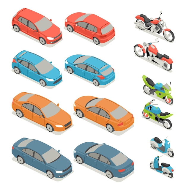 Vecteur jeu d'icônes de transport urbain plat 3d isométrique de haute qualité car van bus hélicoptère vélo scooter moto et cavaliers construisez votre propre collection d'infographies sur le web mondial