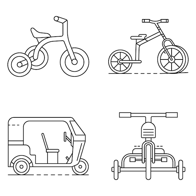 Jeu d&#39;icônes de tricycle. Ensemble de contour des icônes vectorielles tricycle