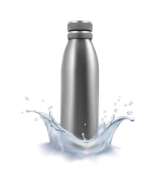 Vecteur jeu d'icônes vectorielles réalistes bouteille de sport bouteille en plastique argentée avec éclaboussures d'eau isolat