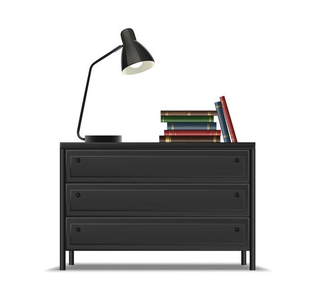 Jeu D'icônes Vectorielles Réalistes Table De Chevet Ou Bureau Avec Lampe Et Livres Sur Le Dessus Isolé Sur Le Dos Blanc