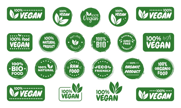 Vecteur jeu d'icônes végétaliennes bio ecology organic logos and badges label tag feuille verte sur fond blanc illustration vectorielle