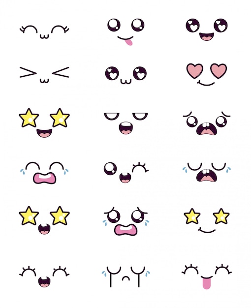 Jeu d'icônes de visage de dessin animé kawaii isolé