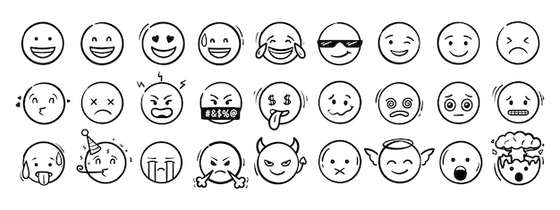 Jeu d'icônes de visage Emoji Doodle dessin à la main des émotions vectorielles drôles