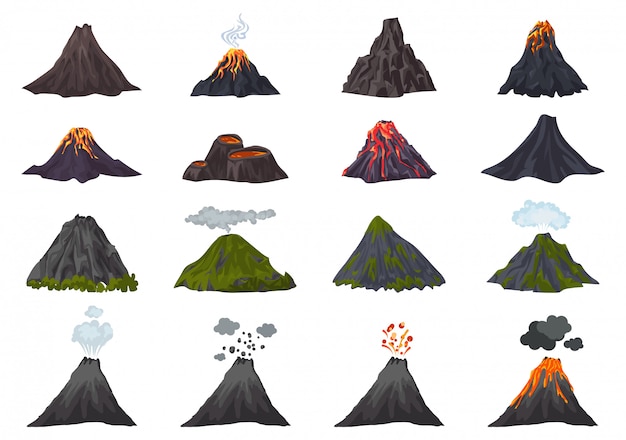 Vecteur jeu d'icônes de volcan, style cartoon