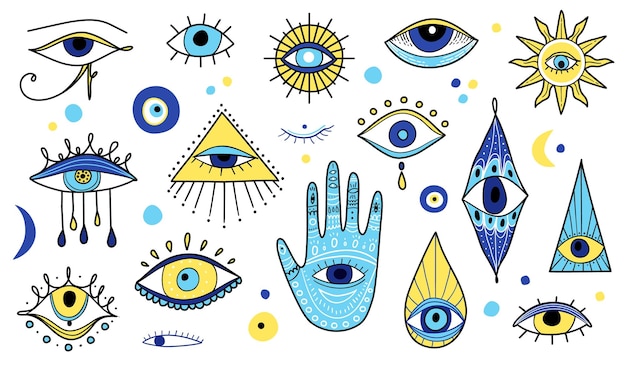 Jeu D'icônes Yeux Maléfiques, Divers Talismans Dans Un Style Dessiné à La Main. Mauvais œil, Hamsa, Main De Fatima.