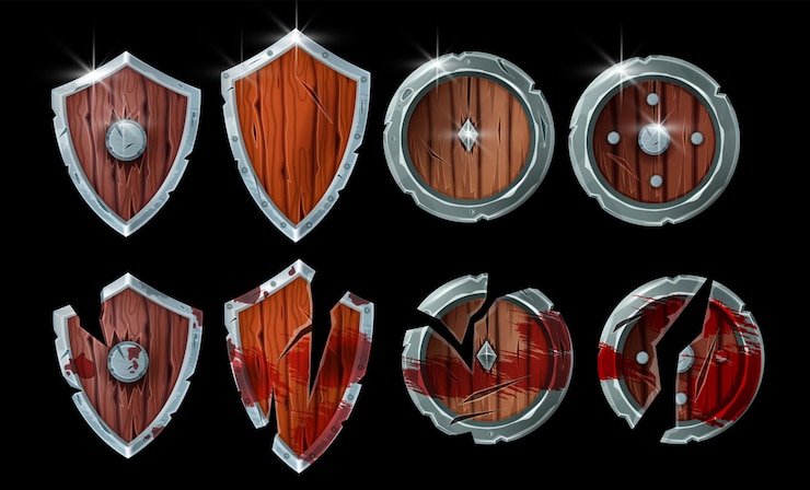 Vecteur jeu d'illustrations fantastiques de bouclier en bois ensemble guerrier médiéval armure endommagée objet de résultat de bataille rpg