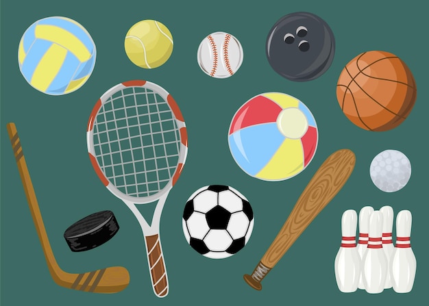 Vecteur jeu d'illustrations d'objets spotr vectoriels football basket-ball volley-ball badminton et ather ball ga