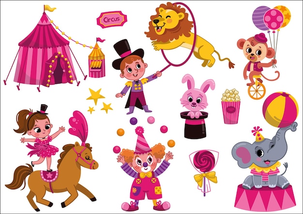 Jeu D'illustrations Vectorielles Amusantes De Cirque Rose Pour Les Enfants.