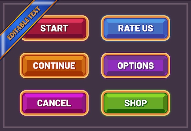 Jeu d'interface utilisateur ensemble de boutons de texte modifiables. Interface graphique pour créer des jeux 2D. Vecteur Peut être utilisé partout.