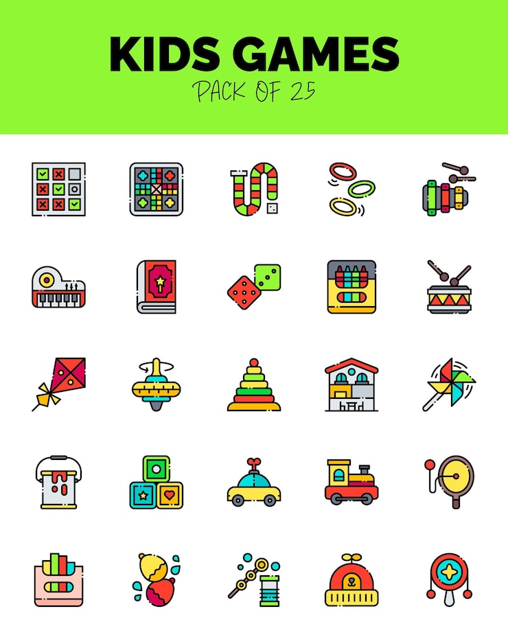 Vecteur jeu de jeux pour enfants linéaire icônes de couleur pour le logo web illustration vectorielle