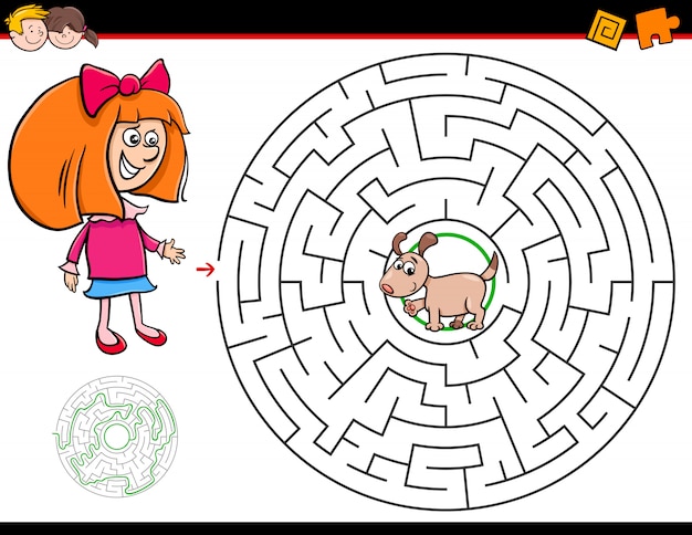 Jeu De Labyrinthe En Dessin Animé Avec Fille Et Chiot