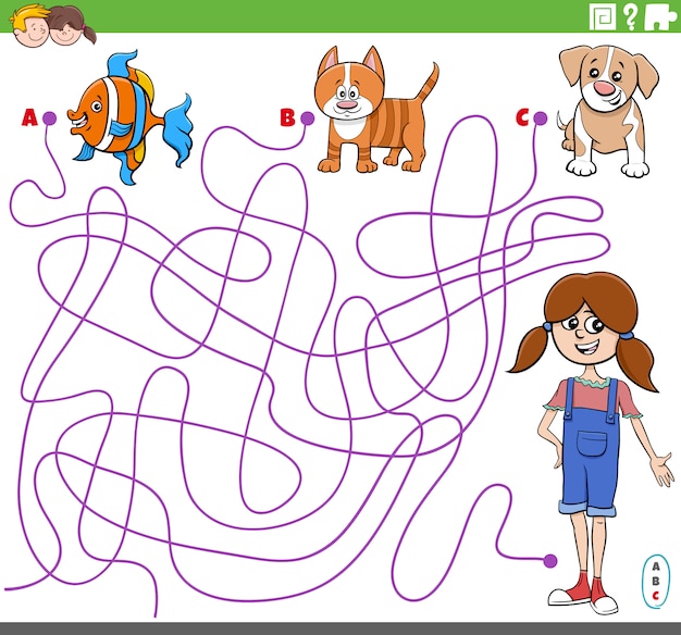 Jeu de labyrinthe éducatif avec une fille de dessin animé et des animaux de compagnie