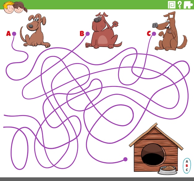 Jeu de labyrinthe éducatif avec des personnages de chiens de bande dessinée