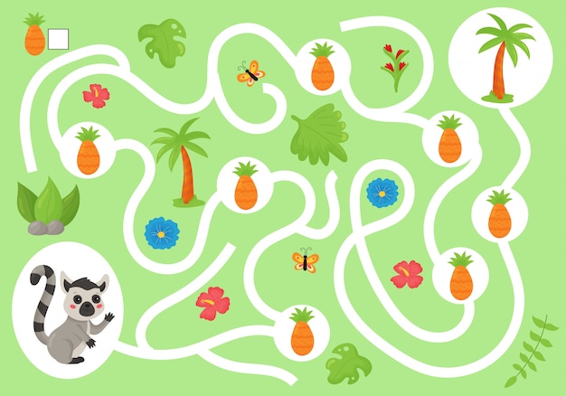 Vecteur jeu de labyrinthe éducatif pour les enfants d'âge préscolaire. aidez le lémurien à récolter tous les ananas. mignon animal de la jungle kawaii. compter et écrire.