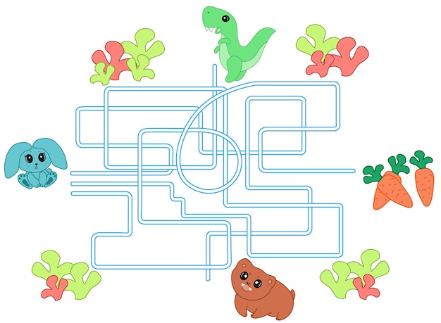 Un jeu de labyrinthe éducatif pour les enfants d'âge préscolaire Lapin dinosaure ours carotte