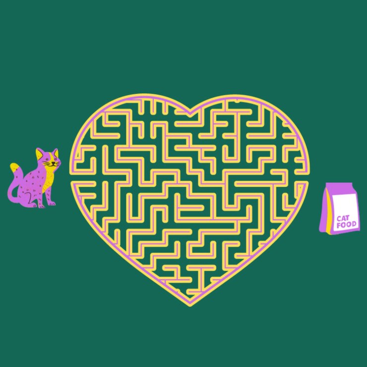 Un jeu de labyrinthe entre un chat et sa nourriture préférée