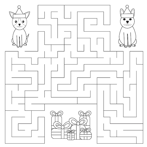 Jeu De Labyrinthe De Noël Avec Des Chiens Et Des Cadeaux Mignons De Dessin Animé