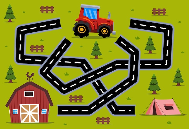 Vecteur le jeu de labyrinthe pour enfants aide le tracteur de transport de dessin animé à trouver le bon chemin vers la grange ou la tente