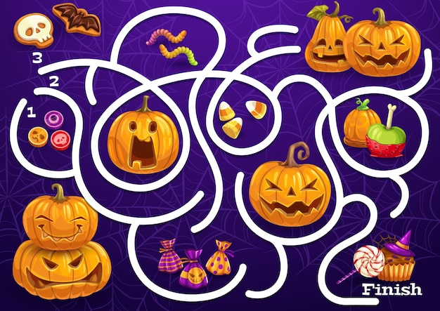 Jeu De Labyrinthe Pour Enfants Avec Des Bonbons D'halloween, Des Citrouilles Et Une Toile D'araignée. Le Puzzle Du Labyrinthe Vectoriel Trouve Le Bon Jeu De Société. Tâche Avec Chemin Enchevêtré Et Bonbons. énigme De L'éducation Des Enfants, Activité Préscolaire