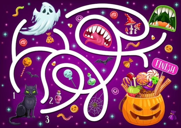 Vecteur jeu de labyrinthe pour enfants avec modèle de personnages d'halloween