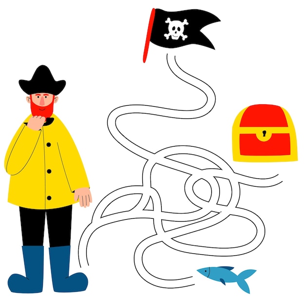 Jeu De Labyrinthe Pour Enfants Un Pirate Mignon Cherche Un Moyen D'accéder à Un Coffre Au Trésor Un Drapeau Avec Un Crâne Et Un Poisson Jeu éducatif Pour Enfants