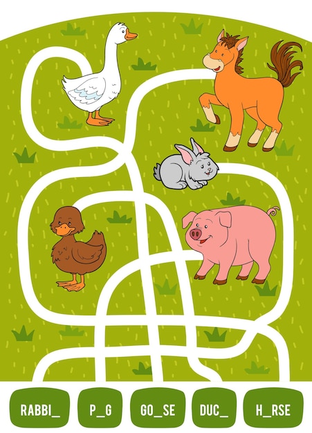 Jeu De Labyrinthe Pour Les Enfants. Trouvez Le Chemin De L'image à Son Titre Et Remplissez Les Lettres Manquantes. Lapin, Canard, Cochon, Oie Et Cheval