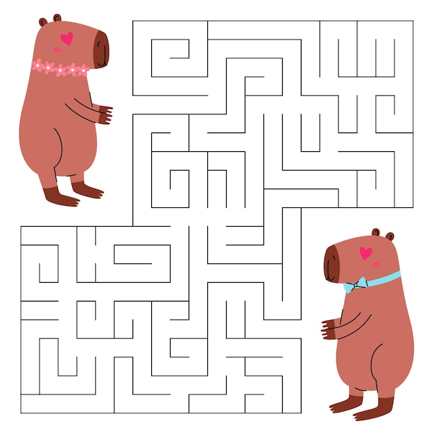 Jeu De Labyrinthe De La Saint-valentin Pour Enfants Cute Capybara à La Recherche D'un Chemin Vers Le Beau Capybara Feuille D'exercice Imprimable Avec Solution Pour L'école Et La Maternelle