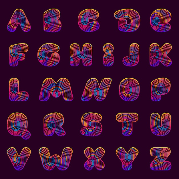 Vecteur jeu de lettres de l'alphabet anglais d'empreintes digitales de ligne.