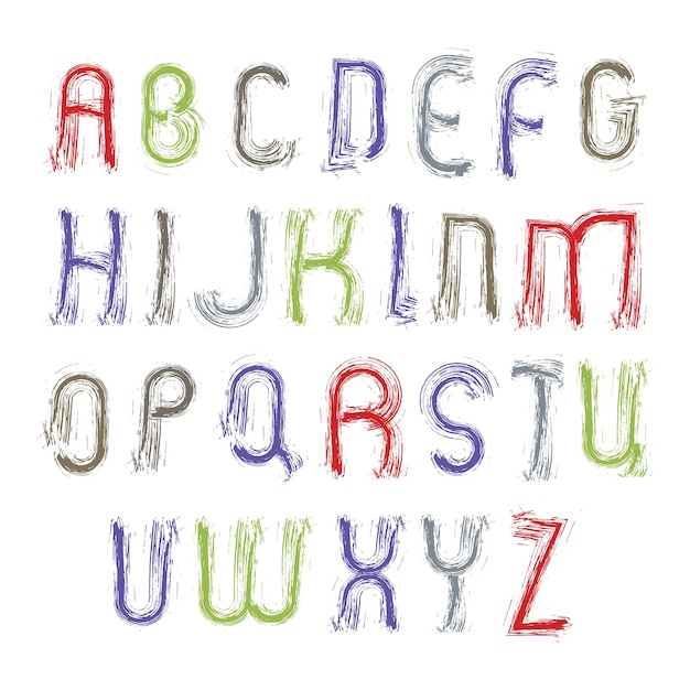Jeu de lettres majuscules de l'alphabet peint à la lumière vectorielle, script coloré dessiné à la main, lettrines acryliques dessinées avec une brosse à encre.
