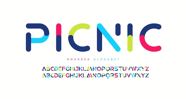 Jeu de lettres majuscules de l'alphabet vectoriel sans empattement coloré arrondi moderne à la mode