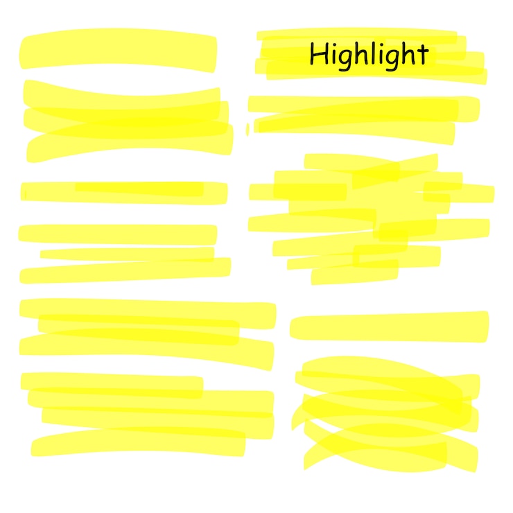Jeu de lignes de marqueur de surbrillance dessinés à la main. Surligneur coups jaunes isolés sur fond blanc. Illustration de conception de dessin surligneur.
